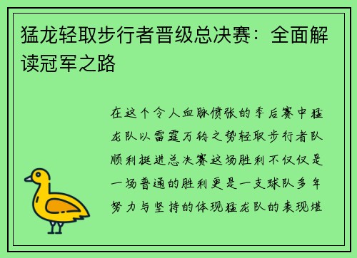 猛龙轻取步行者晋级总决赛：全面解读冠军之路